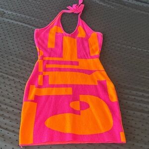 Vibrant Pink and Orange Halter Dress